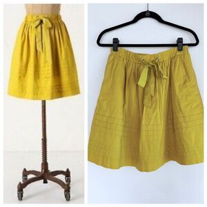 Anthropologie Odille Drawing Parallels Pleated Ribbon Tie Skirt Marigold Yellow